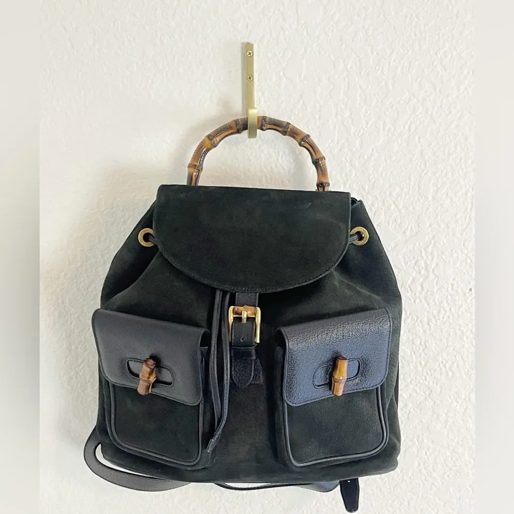 Gucci Black Suede Backpack with Bamboo Details